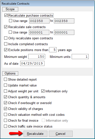 Choose options on the Check Contracts report.