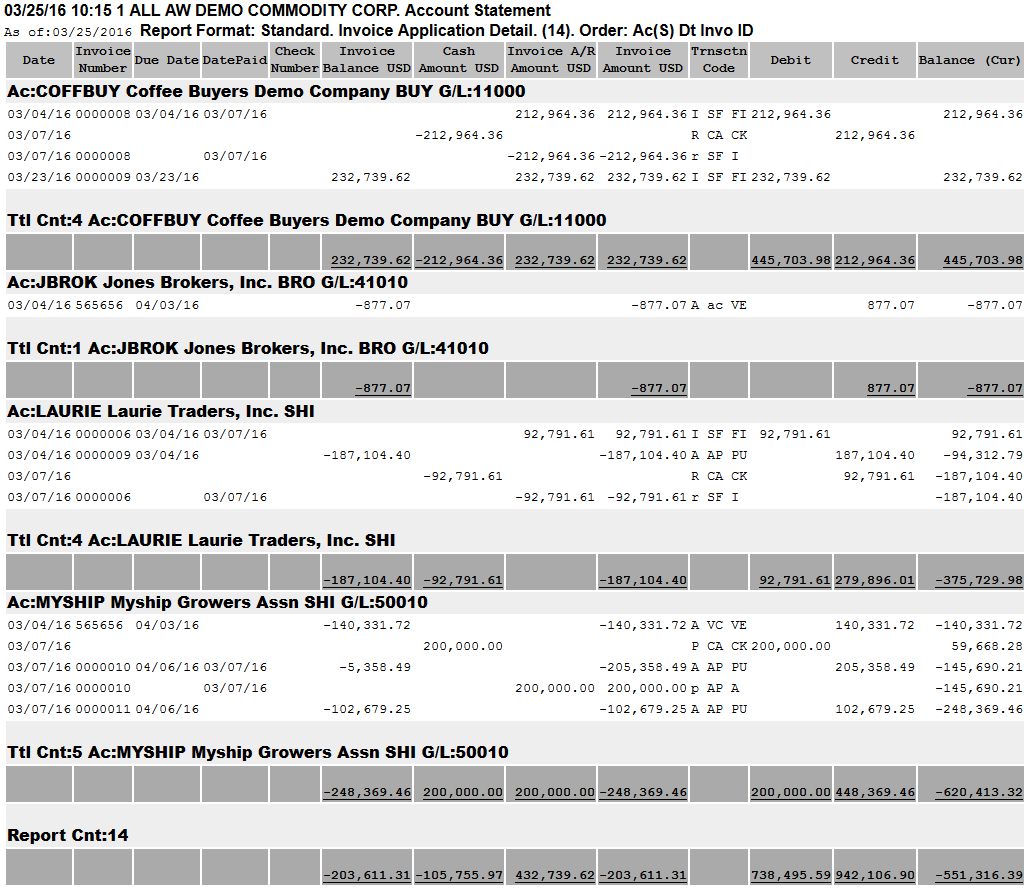 A sample Standard Account Statement report.