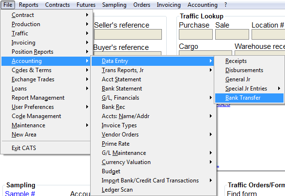 Bank transfer access menu