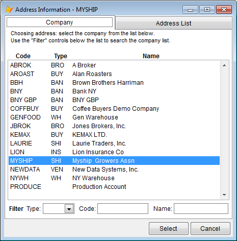 Address information Box Company Tab