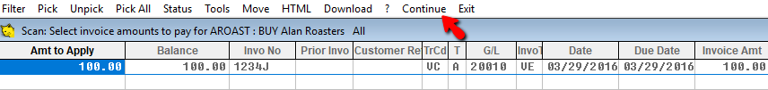 Select Continue to finish applying cash to invoices.