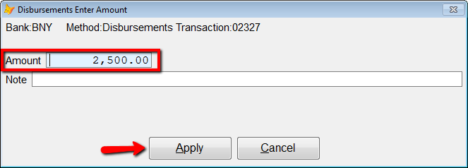 Enter the amount to be applied against the G/L account. Choose Apply to proceed.
