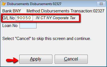 Enter a G/L number and select Apply to continue.