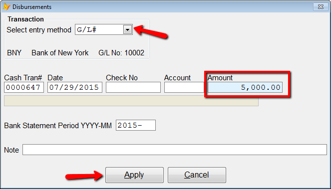 Pick method G/L and enter an amount and note, then click Apply.