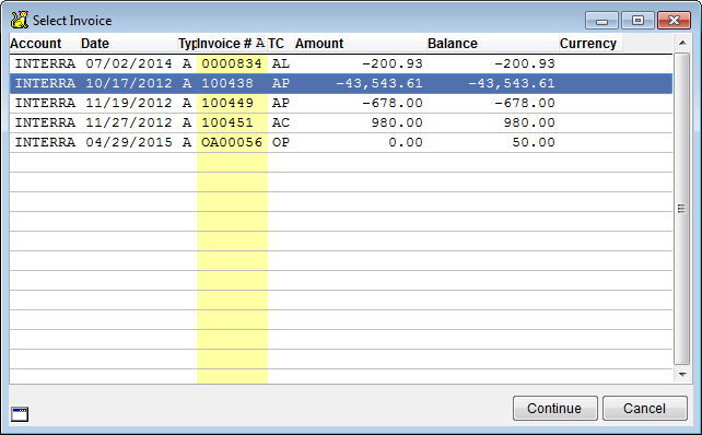 Select an invoice number from the list.