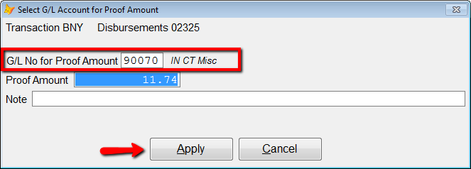 Enter the G/L number for the Proof Amount