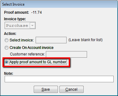 Select Apply a proof amount directly to a G/L number.