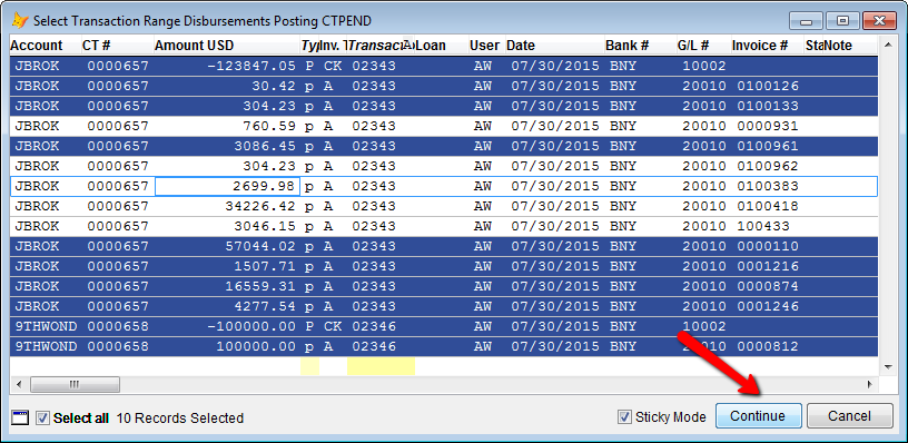 Choose a line item for each transaction, then pick Continue to post.