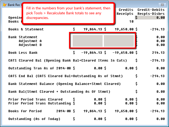 Enter the numbers from your bank statement in the provided fields.