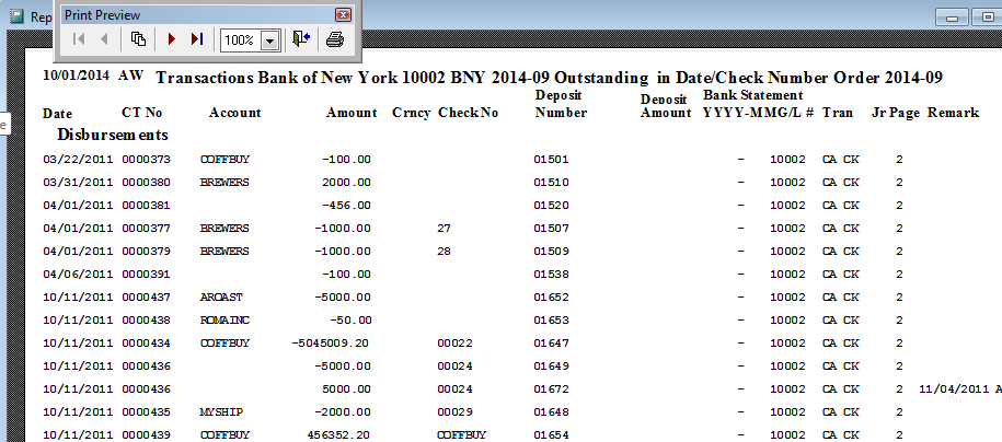 Printout of outstanding transactions