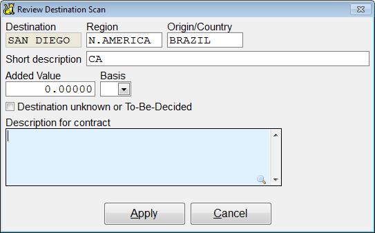 Fill in the details for the new destination code