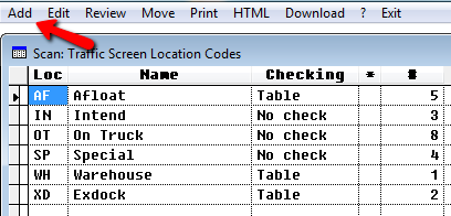 Traffic Screen Location Codes