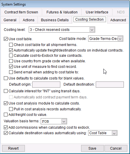 Costing selection tab in system settings