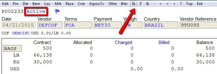Select St from the main contract screen to change the status.