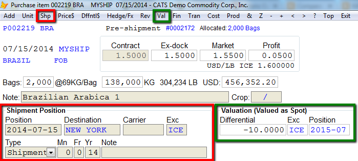 Shipment Position and Valuation Information