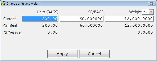 The units and weight are carried over from the location screen.