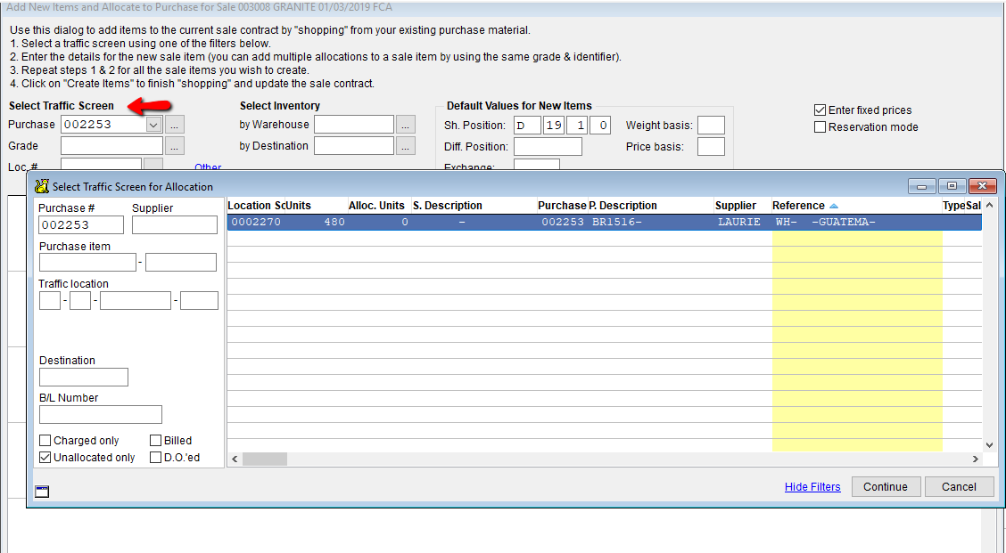 Filter by purchase order
