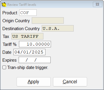 Editing a tariff entry.
