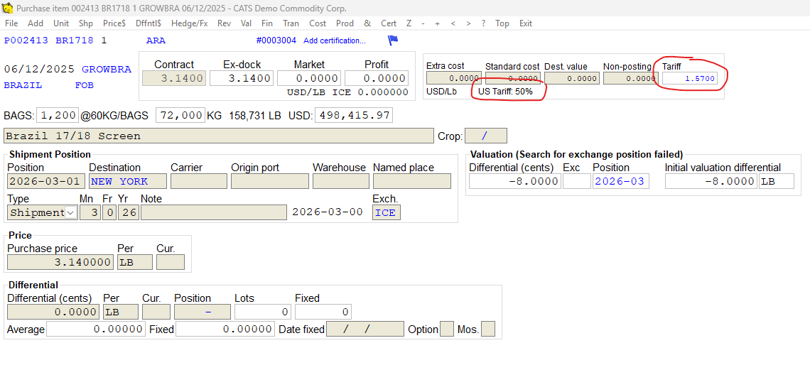 The tariff rate and cost as displayed on a purchase contract item screen.