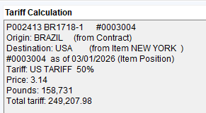 Tariff calculation summary showing a 50% tariff from Brazil to USA
