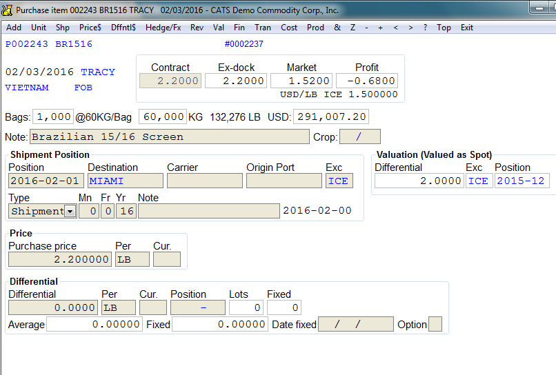 Purchase Contract Item Screen