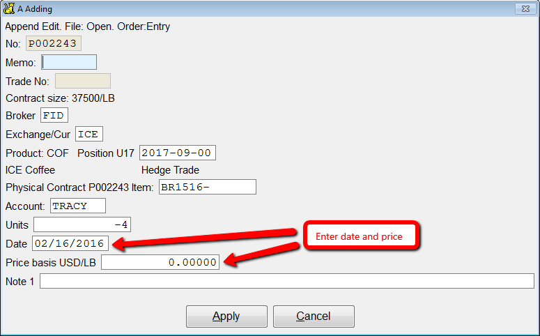 Enter date and price screen