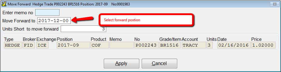 Enter new position for move forward trade screen