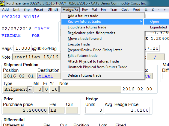 Review a futures trade menu