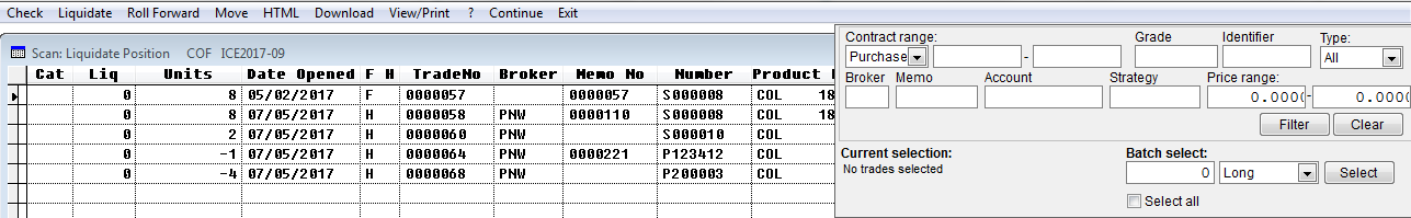 List of trades and filter trades pop up.
