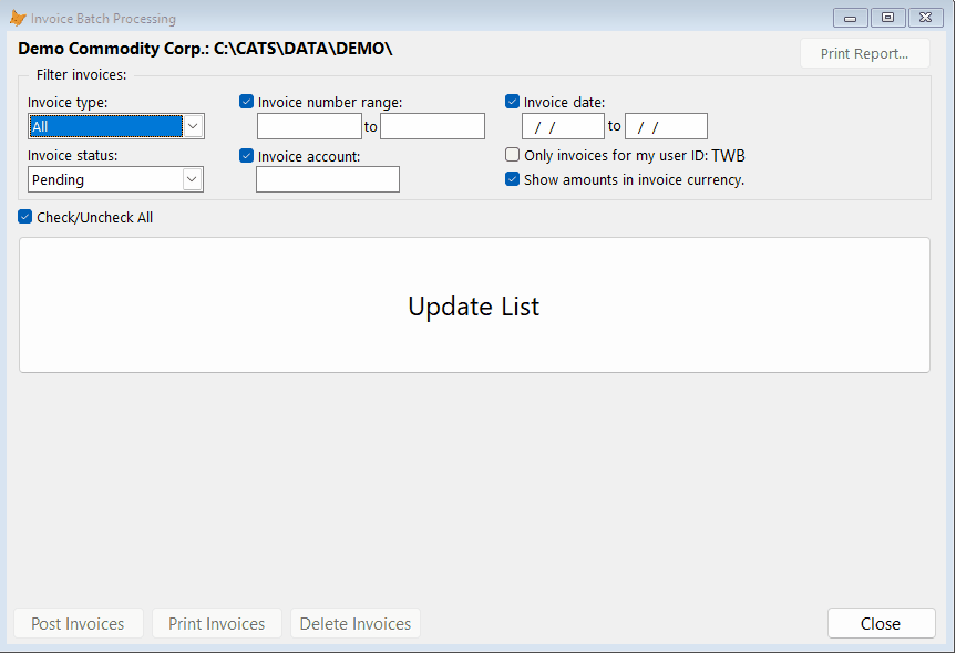 Default Options - No Invoices Listed