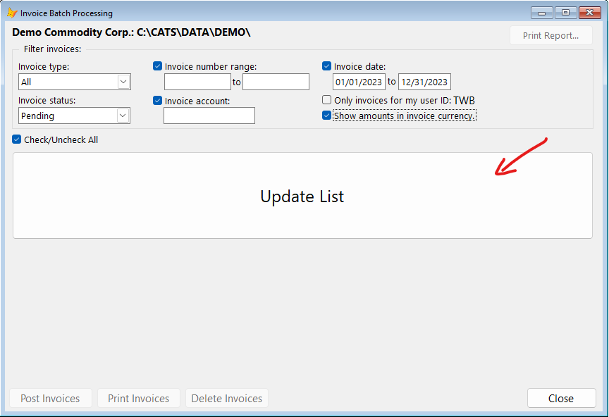Update List of Batch Invoices