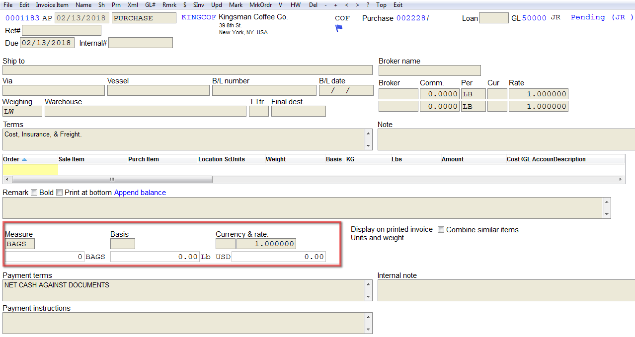 A blank invoice screen with no units. Use SInv to pick inventory for this invoice.