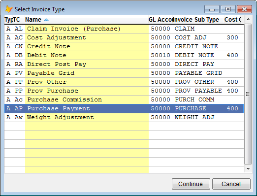 Select a type of invoice to add, then pick Apply.