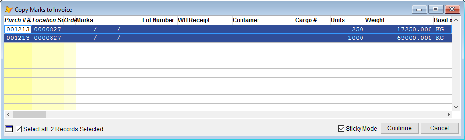 Choose the marks to copy to this invoice.