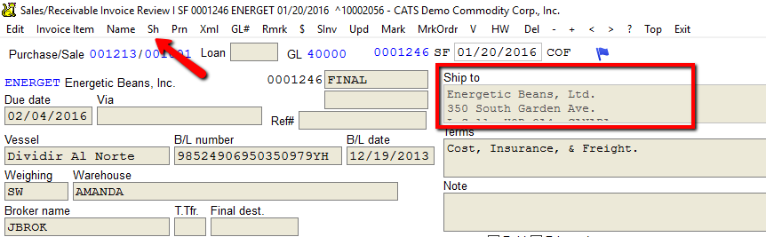 Choose Sh to fill in the ship to address.