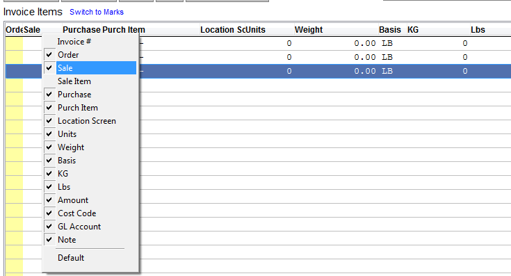 Right click to change the columns your user sees on the invoice item list