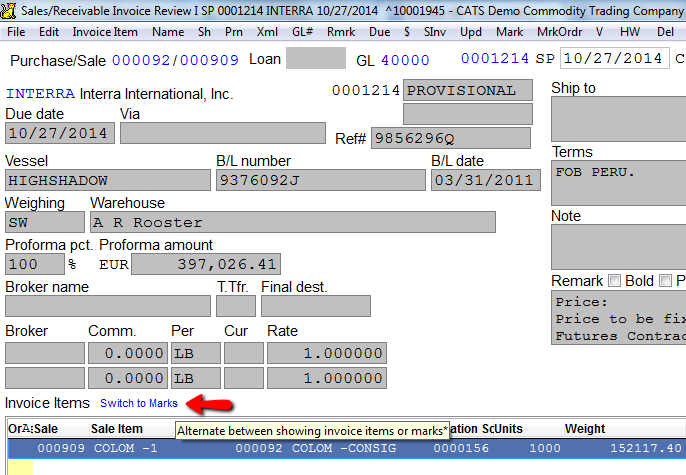 Click on Switch to marks to see a list of marks on this invoice.