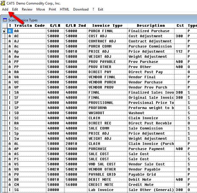 Select Add to create a new invoice type.