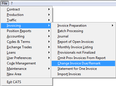 Change Invoice Due/Remark Menu