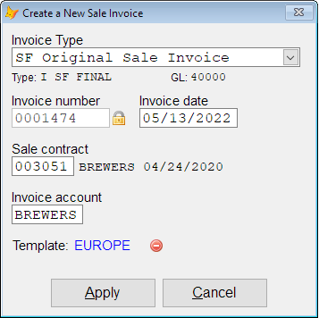 Add invoice dialog showing selected invoice template