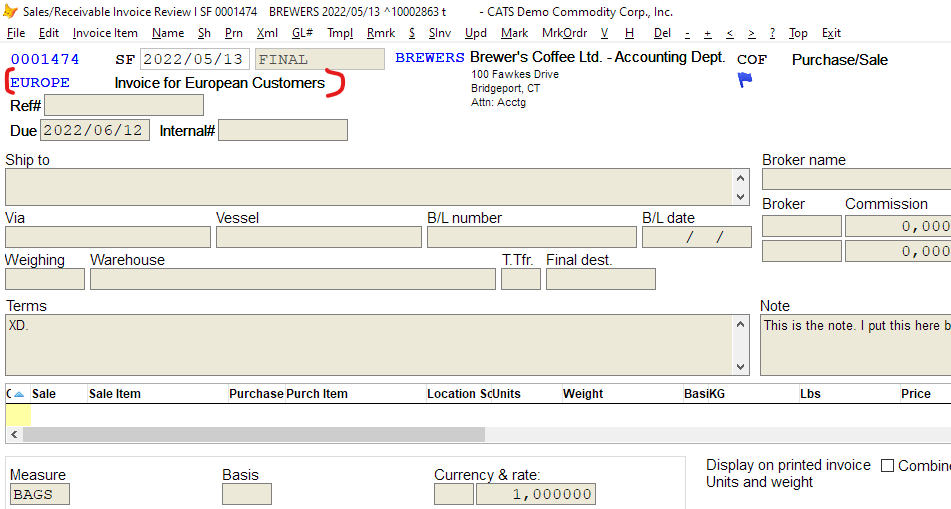 Invoice screen showing template information