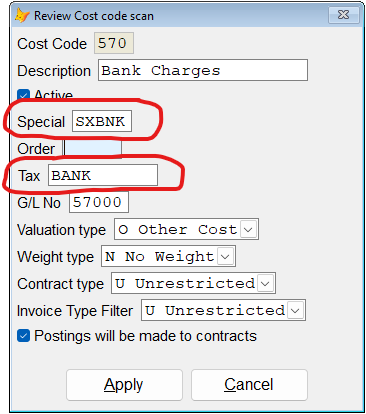 A cost code configured to use a BANK surcharge