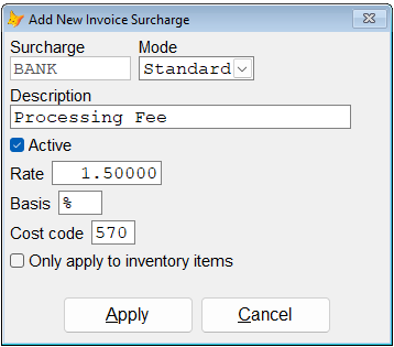 Modifying an invoice surcharge entry.