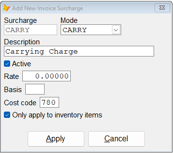 A screenshot of the invoice surcharge dialog showing an example setup for the carrying fee surcharge.