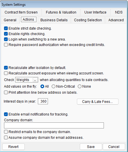 Screenshot of the Actions tab of System Setup