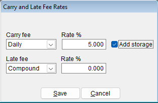 Screenshot of the Carry and Late Fee Rate dialog with options set for the carry fee.