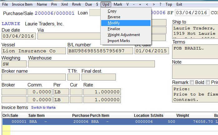 Update Modify Invoice Menu