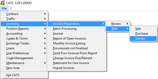 Accessing the Add a Vendor Invoice menu.