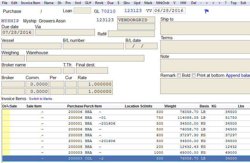 Items shown on invoice