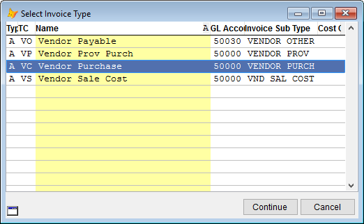 Select a type of Vendor invoice then pick Continue.